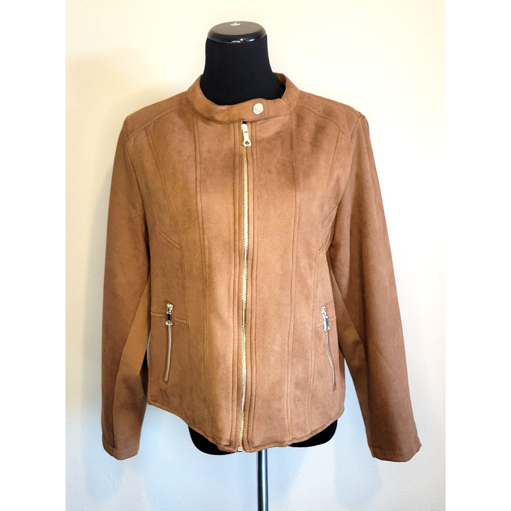 Maurices XXL Brown Faux Suede Knit Lined Moto Jacket Full Zip EUC